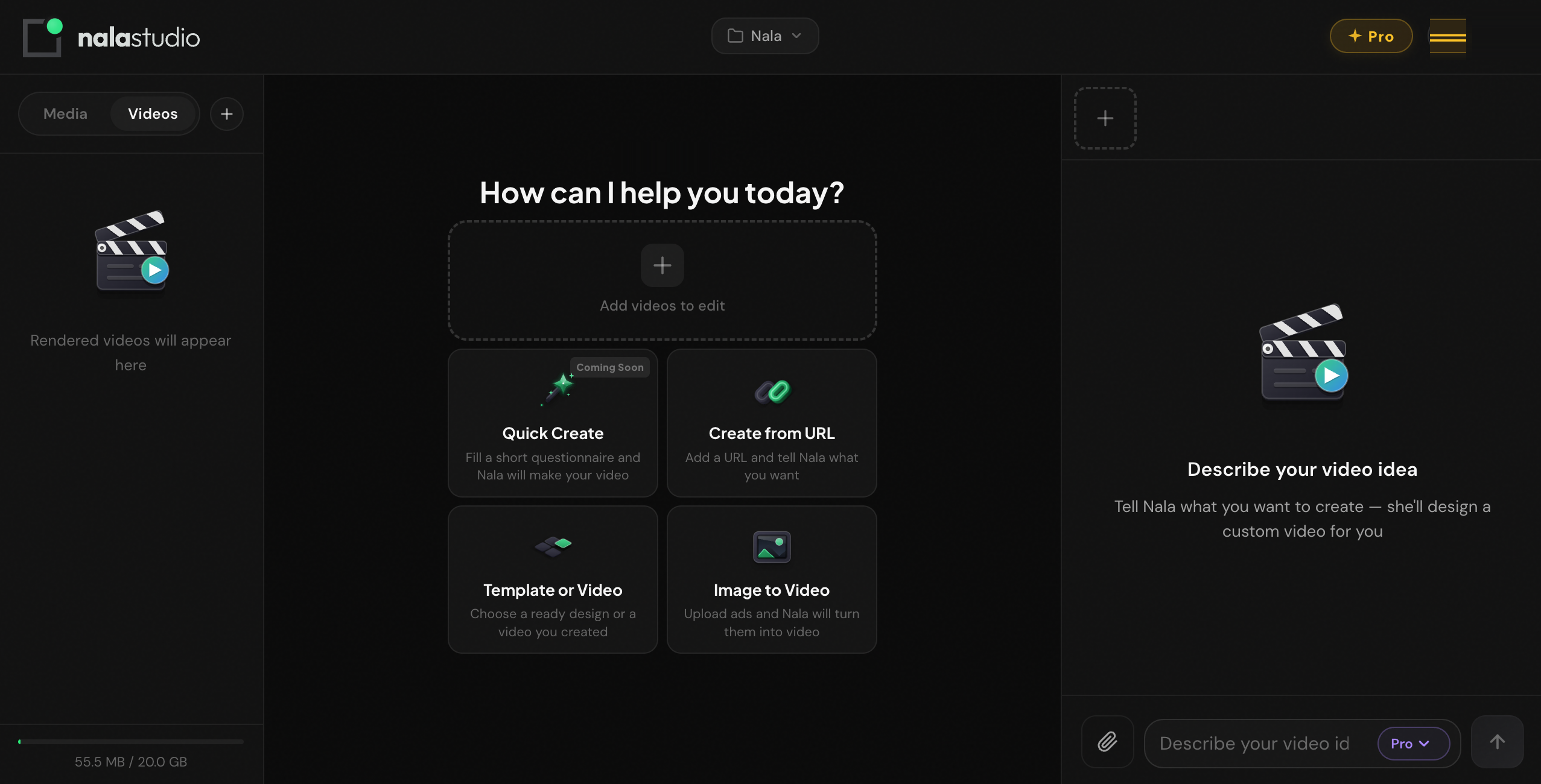 Nala Studio — AI video creation platform interface